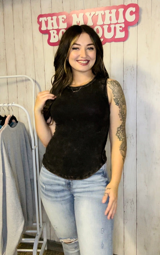 Zenana Black acid wash high neck tank