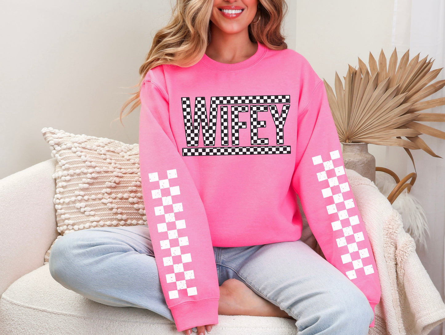 Mama/Wifey checkered w/sleeve or without Neon Pink - Multiple Styles/Design