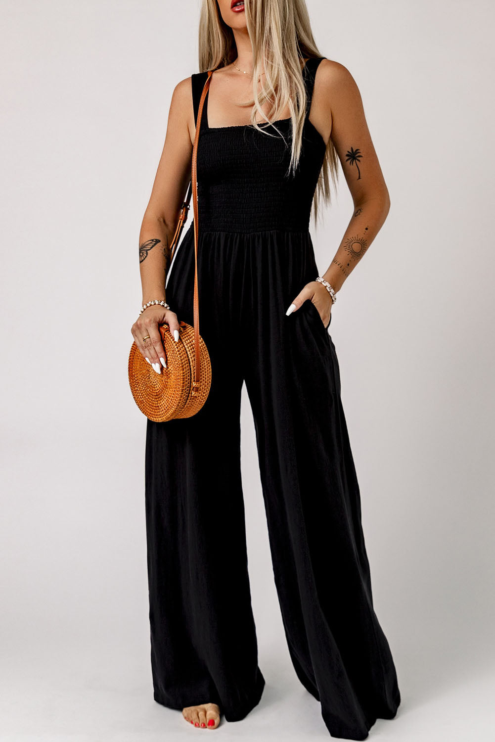 Smocked Square Neck Wide Leg Jumpsuit with Pockets