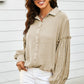 Button Front Bubble Sleeve Frill Trim Blouse