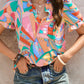 Multicolored Frill Trim V-Neck Flounce Sleeve Blouse