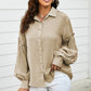 Button Front Bubble Sleeve Frill Trim Blouse