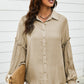 Button Front Bubble Sleeve Frill Trim Blouse