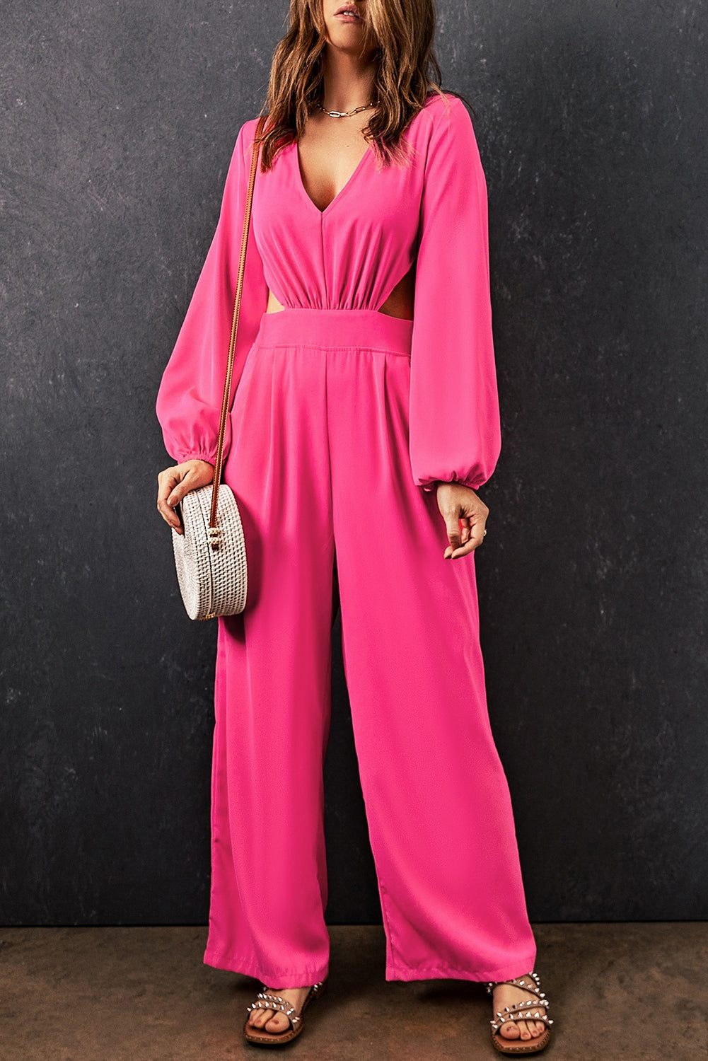 Balloon Sleeve Cutout Plunge Jumpsuit