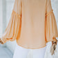 Button Front Bubble Sleeve Frill Trim Blouse