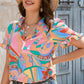 Multicolored Frill Trim V-Neck Flounce Sleeve Blouse