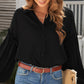 Button Front Bubble Sleeve Frill Trim Blouse