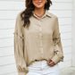 Button Front Bubble Sleeve Frill Trim Blouse